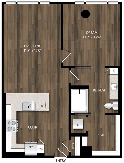 Floor plan for 1 bed, 1 bath, 770 sqft